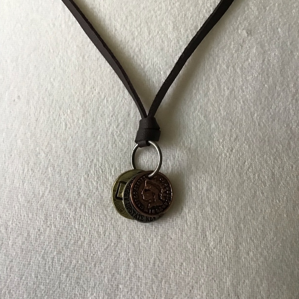 Leatherette ADJUSTABLE Necklace 3 Faux Coins Surfer Boho Style Unisex Slide NEW - Picture 3 of 13